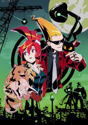 Rule 34 | 1girl, 3boys, animal, animal on shoulder, black shirt, blonde hair, cat, cat (ghost trick), collared shirt, datcravat, dog, formal, full moon, ghost trick, highres, holding, holding animal, jacket, jowd, cabanela, looking to the side, lynne (ghost trick), missile (ghost trick), moon, multiple boys, necktie, open mouth, pointy hair, pomeranian (dog), ponytail, ray (ghost trick), red eyes, red hair, red jacket, red scarf, scarf, shirt, silhouette, sissel (ghost trick), sky, smile, suit, sunglasses, white necktie, yellow jacket