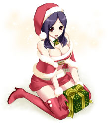 Rule 34 | 00s, 1girl, blue hair, boots, breasts, christmas, cleavage, fresh precure!, gift, gloves, happy, hat, higashi setsuna, high heels, kneeling, large breasts, miniskirt, precure, red eyes, red gloves, santa costume, santa hat, shoes, short hair, skirt, solo, thigh boots, thighhighs, yamada ichizoku, zettai ryouiki