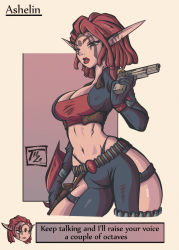 Rule 34 | ashelin praxis, curvy, dreadlocks, green eyes, gun, highres, jak and daxter, jak ii, long ears, pants, red hair, tattoo, tight clothes, tight pants, weapon