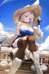 Rule 34 | 1girl, alchemy stars, asymmetrical hair, azure (alchemy stars), bare shoulders, belt, black choker, black gloves, blue dress, blue eyes, blue hair, blue sky, boots, breasts, brown thighhighs, choker, cleavage, closed mouth, cloud, cloudy sky, commentary, cowboy hat, crossed legs, day, dress, english commentary, facial mark, feet out of frame, fingerless gloves, fur-trimmed jacket, fur trim, gloves, hand on headwear, hat, highres, jacket, knee boots, large breasts, large hat, looking at viewer, medium hair, mokovancy, multicolored hair, multiple belts, off shoulder, on vehicle, outdoors, short dress, single hair intake, sitting, sky, smile, solo, strapless, strapless dress, streaked hair, thighhighs, thighs, two-tone hair, white footwear, white hair, zettai ryouiki