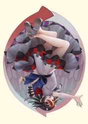 Rule 34 | 1girl, :p, ascot, black hair, bloomers, blue ascot, blue sash, bracelet, cone horns, dress, grey horns, highres, horns, jewelry, kijin seija, masakichi (mmw), multicolored hair, official art, red eyes, red hair, sandals, sash, short sleeves, solo, strange creators of outer world, third-party source, tongue, tongue out, touhou, underwear, upside-down, white dress, white hair