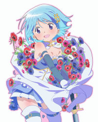 Rule 34 | 1girl, :d, anemone (flower), arm support, armpit peek, bare shoulders, belt, blue eyes, blue hair, blue skirt, blush, breasts, cape, cleavage, cowboy shot, detached sleeves, dot nose, floating hair, flower, fortissimo, frills, fumiko (mesushi), gloves, grey background, hair between eyes, hair ornament, hairclip, happy, leaf, looking away, mahou shoujo madoka magica, mahou shoujo madoka magica (anime), miki sayaka, musical note, musical note hair ornament, open mouth, outline, pink flower, pink outline, pleated skirt, purple flower, red flower, shaded face, short hair, shoulder blush, simple background, skirt, small breasts, smile, solo, strapless, sword, thighhighs, underboob, weapon, white cape, white flower, white gloves, white thighhighs, zettai ryouiki