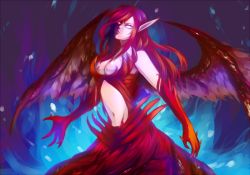 Rule 34 | 1girl, alternate costume, black thorn morgana, blackthorn morgana, breasts, claws, cleavage, demon girl, dress, league of legends, long hair, morgana (league of legends), multicolored hair, navel, no pupils, pointy ears, purple hair, red hair, solid eyes, solo, white eyes, wings, ymtoto