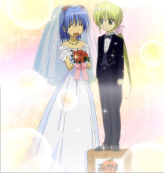 Rule 34 | 00s, 1boy, 1girl, ^ ^, androgynous, ayasaki hayate, bouquet, box, bride, cardboard box, closed eyes, crossdressing, dress, flower, formal, hayate no gotoku!, height difference, highres, mikan box, on box, pant suit, pants, reverse trap, role reversal, sanzen&#039;in nagi, screencap, size difference, stitched, suit, third-party edit, trap, wedding dress