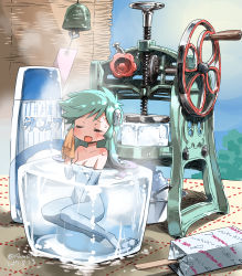Rule 34 | 1girl, absurdres, aqua hair, dated, dororon enma-kun, closed eyes, food, hair ornament, handkerchief, highres, ice, ice shaver, isedaichi ken, long hair, nude, open mouth, popsicle, shaved ice, skull hair ornament, smile, solo, spoon, summer, sweat, twitter username, wind chime, wiping sweat, yukiko hime