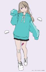 Rule 34 | 1girl, absurdres, aqua hoodie, bandaid, bandaid on leg, black skirt, closed mouth, commentary request, copyright name, copyright notice, full body, highres, hood, hood down, jellyfish, light brown hair, long hair, long sleeves, looking at viewer, neck ribbon, no humans, official art, parted bangs, pink background, purple eyes, ribbon, skirt, sleeves past wrists, solo, umituki yoru, white footwear, white ribbon, yoru no kurage wa oyogenai