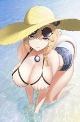 Rule 34 | 1girl, absurdres, all fours, animal ear fluff, animal ears, arknights, beach, bikini, breasts, brown hair, cleavage, closed mouth, commentary, day, eyewear on head, fang, hat, highres, huge breasts, jewelry, looking at viewer, makino, necklace, official alternate costume, outdoors, partially submerged, purple eyes, round eyewear, short hair, skin fang, smile, solo, striped bikini, striped clothes, sun hat, sunglasses, swimsuit, tail, tinted eyewear, utage (arknights), utage (summer flowers) (arknights), vertical-striped bikini, vertical-striped clothes