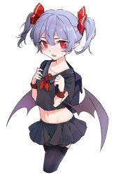 Rule 34 | 1girl, alternate costume, alternate hairstyle, backpack, bag, bat wings, black serafuku, black shirt, black skirt, blue hair, blush, chinese commentary, collarbone, commentary, contemporary, cowboy shot, crop top, cropped legs, hair between eyes, hair ribbon, hands up, highres, looking at viewer, midriff, miniskirt, navel, neckerchief, no headwear, open mouth, pleated skirt, pointy ears, red eyes, red neckerchief, red ribbon, remilia scarlet, ribbon, school uniform, serafuku, shirt, short hair, simple background, skirt, skirt set, snozaki, solo, standing, stomach, thighhighs, touhou, twintails, white background, wings, wrist cuffs