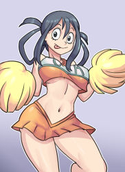 Rule 34 | 10s, 1girl, :p, absurdres, alternate costume, alternate hairstyle, asui tsuyu, bare shoulders, black eyes, black hair, boku no hero academia, breasts, cheerleader, clothes writing, covered erect nipples, crop top, gradient background, hands up, highres, holding, looking at viewer, matching hair/eyes, medium breasts, midriff, miniskirt, nauth, navel, orange shirt, orange skirt, outline, pleated skirt, pom pom (cheerleading), purple background, shiny skin, shirt, simple background, skirt, sleeveless, sleeveless shirt, smile, solo, standing, stomach, tongue, tongue out, underboob, white outline
