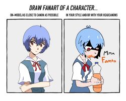 Rule 34 | 1girl, :v, ayanami rei, before and after, blue hair, blue skirt, chimeraenvy, comparison, draw fanart challenge, drink, drinking, english text, fanta, hair between eyes, holding, holding drink, looking at viewer, looking down, meme, multiple views, neon genesis evangelion, official style, parody, school uniform, shaded face, sharp teeth, shirt, short hair, simple background, skirt, style parody, suspender skirt, suspenders, teeth, tokyo-3 middle school uniform, white shirt