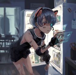 Rule 34 | 1girl, animal ears, artificial eye, bandaid, bandaid on leg, barcode tattoo, blurry, blurry background, cat ears, commentary request, cyborg, fake animal ears, fingerless gloves, gloves, highres, holding, holographic interface, jyagaricoeater, leaning forward, mechanical eye, orange eyes, original, partial commentary, refrigerator, science fiction, scissors, short hair, silhouette, silver hair, sleeveless, solo focus, tattoo