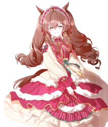 Rule 34 | 1girl, ahoge, animal ears, blush, bonnet, bow, bowtie, breasts, brown hair, closed mouth, dress, feet out of frame, half-closed eyes, horse ears, horse girl, horse tail, layered dress, long hair, long sleeves, looking at viewer, mejiro bright (starry snow lolita) (umamusume), mejiro bright (umamusume), own hands together, red bow, red dress, romi (346 ura), simple background, small breasts, smile, solo, split mouth, tail, twintails, umamusume, white background, yellow eyes