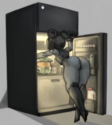 Rule 34 | 1girl, ass, bent over, black gloves, boots, c-string, cameo, colored skin, controller, crop top, double bun, from behind, full body, game console, game controller, gamepad, gloves, grey skin, halo (game), halo (series), helmet, highres, joints, kelvin hiu, knee boots, kneepits, master chief, meme, microsoft, personification, product girl, refrigerator, robot joints, solo, strapless bottom, thick thighs, thighs, xbox, xbox series x, xbox series x (personification)