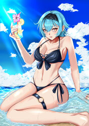 Rule 34 | 1girl, absurdres, arm support, bare arms, bare shoulders, bikini, black bikini, black hairband, blue hair, blue sky, breasts, cleavage, cloud, commentary, cup, day, drinking glass, eula (genshin impact), food, front-tie bikini top, front-tie top, fruit, genshin impact, hairband, hand up, highres, holding, holding cup, large breasts, lemon, lemon slice, looking at viewer, navel, ocean, open mouth, orange eyes, short hair, side-tie bikini bottom, sitting, sky, solo, stomach, swimsuit, takane pato, thigh strap, thighs, wariza, water