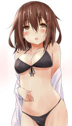 Rule 34 | 10s, 1girl, absurdres, aged up, bare shoulders, bikini, black bikini, blush, breasts, brown eyes, brown hair, gradient background, hair ornament, hairclip, hand on own stomach, highres, ikazuchi (kancolle), kantai collection, looking at viewer, navel, off shoulder, open clothes, open mouth, open shirt, saku (kudrove), shirt, short hair, solo, stomach, swimsuit