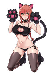Rule 34 | 1girl, absurdres, animal ears, animal hands, black bra, black collar, black footwear, black gloves, black panties, black thighhighs, blush, bra, braid, braided ponytail, breasts, cat cutout, cat ear panties, cat ears, cat lingerie, cat tail, chainsaw man, cleavage, cleavage cutout, closed mouth, clothing cutout, collar, commentary request, dogs (dlrkdejr26), frilled bra, frills, full body, gloves, halterneck, highres, kneeling, korean commentary, large breasts, lock, long hair, looking at viewer, makima (chainsaw man), meme attire, mixed-language commentary, navel, padlock, padlocked collar, panties, paw gloves, paw pose, paw shoes, red hair, ringed eyes, side-tie panties, simple background, smile, solo, string panties, tail, thighhighs, underwear, underwear only, white background, yellow eyes