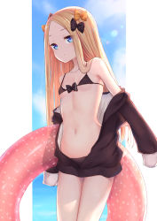 Rule 34 | 1girl, abigail williams (fate), bad id, bad pixiv id, bikini, black bow, blonde hair, blue eyes, bow, breasts, fate/grand order, fate (series), forehead, gantan, hair bow, highres, jacket, long hair, looking at viewer, navel, orange bow, parted bangs, polka dot, polka dot bow, small breasts, solo, swimsuit, thighs
