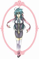 Rule 34 | 00s, 1girl, blue eyes, blue hair, breasts, female focus, full body, gender request, genderswap, long hair, matching hair/eyes, open mouth, regal bryan, ribbon, skirt, smile, solo, tales of (series), tales of symphonia, thighhighs, white background, white thighhighs