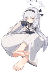 Rule 34 | 1girl, barefoot, black gloves, blue archive, blush, closed mouth, dress, elf, feet, full body, gloves, grey hair, hair tubes, halo, highres, himari (blue archive), jacket, kildir, long dress, long hair, long sleeves, looking away, mole, mole under eye, pointy ears, sideways glance, simple background, soles, solo, toes, very long hair, white background, white dress