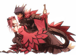 Rule 34 | 1boy, 1girl, absurdres, black choker, black dress, black flower, black gloves, black hair, black jacket, breasts, cape, choker, cleavage, closed mouth, collarbone, couple, criss-cross halter, dagger, dress, elbow gloves, eye contact, facial mark, flower, fudo yusei, gloves, halterneck, head wreath, hetero, highres, holding, holding knife, holding sword, holding weapon, izayoi aki, jacket, knife, layered dress, long dress, long hair, long sleeves, looking at another, medium breasts, naoki (2rzmcaizerails6), red cape, red dress, red hair, simple background, sketch, sleeveless, sleeveless dress, spiked hair, sword, two-tone dress, weapon, white background, yellow eyes, yu-gi-oh!, yu-gi-oh! 5d&#039;s