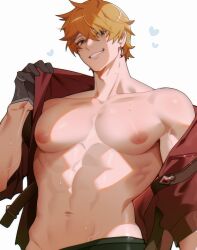 Rule 34 | 1boy, abs, black gloves, blonde hair, blue eyes, chariko, earrings, genshin impact, gloves, heart, heart background, jacket, jewelry, male focus, muscular, muscular male, navel, open clothes, pectorals, puffy nipples, red jacket, smile, solo, sweatdrop, tartaglia (genshin impact), white background