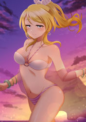 Rule 34 | 1girl, absurdres, artist name, artist request, ayase eli, bare legs, bare shoulders, bikini, blonde hair, blue eyes, blush, bow, bracelet, breasts, cleavage, cloud, collarbone, earrings, female focus, floating hair, hair between eyes, half-closed eyes, halterneck, high ponytail, highres, jewelry, long hair, looking at viewer, love live!, love live! school idol festival, love live! school idol project, medium breasts, o-ring, o-ring top, ocean, orange sky, outdoors, parted lips, ponytail, purple sky, sky, small breasts, smile, solo, striped bikini, striped bow, striped clothes, sunset, swimsuit, white bikini, white bow