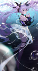 Rule 34 | 1girl, a-soul, absurdres, ava (a-soul), bigroll, black bow, black sleeves, blue eyes, blurry, blurry foreground, bow, bubble, detached sleeves, dress, floating hair, from side, hair between eyes, hair bow, highres, kneehighs, long hair, long sleeves, purple hair, purple socks, short dress, sleeveless, sleeveless dress, socks, solo, thigh strap, twintails, underwater, very long hair, virtual youtuber, white dress