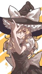 Rule 34 | 1girl, black hat, blonde hair, bow, covering one eye, hat, hat bow, kirisame marisa, long hair, nikigo nuno, puffy short sleeves, puffy sleeves, short sleeves, smile, solo, touhou, white bow, witch hat, yellow eyes