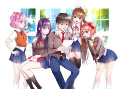 Rule 34 | 1boy, 4girls, :d, :t, ?, arm around shoulder, artist name, black hair, black socks, blue nails, blue pants, blue skirt, book, bow, brown eyes, brown hair, commentary, cookie, cupcake, doki doki literature club, eating, english commentary, food, food on face, green eyes, grey jacket, hair between eyes, hair bow, hair ornament, hair ribbon, hairclip, hand on own hip, highres, holding, holding paper, jacket, kneehighs, leaning forward, long hair, long sleeves, mechanical pencil, monika (doki doki literature club), multiple girls, nail polish, natsuki (doki doki literature club), necktie, open mouth, orange vest, pants, paper, pencil, pink eyes, pink hair, pink nails, pleated skirt, ponytail, potetos7, protagonist (doki doki literature club), purple eyes, purple hair, purple nails, red bow, red nails, red neckwear, red ribbon, ribbon, sayori (doki doki literature club), school uniform, shirt, short hair, short sleeves, sitting, skirt, smile, socks, thighhighs, two side up, very long hair, vest, white legwear, white ribbon, white shirt, wing collar, yuri (doki doki literature club)