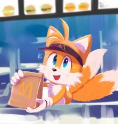 Rule 34 | 1boy, animal ears, bag, blue eyes, blush, fox ears, fox tail, furry, furry male, gloves, highres, holding, holding bag, looking at viewer, mcdonald&#039;s, misuta710, open mouth, smile, solo, sonic (live action), sonic (series), sonic the hedgehog 2 (film), tail, tails (sonic), white gloves