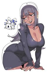Rule 34 | 1girl, arm support, backlighting, blue eyes, breasts, cleavage, curvy, dress, earrings, eyelashes, glasses, hair between eyes, jewelry, large breasts, lipstick, makeup, nail polish, purple hair, real life, sido (slipknot), simple background, teeth, thick thighs, thighs, white background