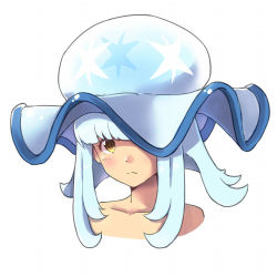 Rule 34 | 1girl, bad id, bad tumblr id, blue hair, blunt bangs, blush, collarbone, creatures (company), cropped neck, expressionless, game freak, gen 7 pokemon, hat, head, light blue hair, long hair, looking at viewer, nihilego, nintendo, personification, pokemon, pokemon sm, portrait, sidelocks, simple background, solo, tonn (motmai1302), ultra beast, white background, yellow eyes