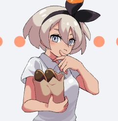 Rule 34 | 1girl, :t, bag, bea (pokemon), blush, bow hairband, circle, closed mouth, collared shirt, commentary request, creatures (company), eyelashes, game freak, grey eyes, grey hair, hair between eyes, hairband, hand up, holding, holding bag, looking at viewer, nintendo, paper bag, pokemon, pokemon swsh, shirt, short hair, short sleeves, solo, tamakibi, upper body, white shirt