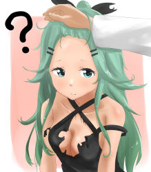 Rule 34 | 1girl, ?, alternate costume, bare shoulders, blue eyes, blush, breasts, cleavage, collarbone, dress, forehead, green eyes, green hair, hair ornament, hairclip, highres, kantai collection, long hair, long sleeves, looking at viewer, pink background, short dress, simple background, small breasts, smile, solo focus, tama (tamago), upper body, white background, yamakaze (kancolle)
