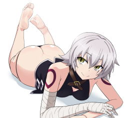 Rule 34 | 1girl, ass, bandaged arm, bandages, bare shoulders, barefoot, black panties, body blush, breasts, butt crack, fate/apocrypha, fate (series), feet, green eyes, highres, jack the ripper (fate/apocrypha), looking at viewer, lying, medium breasts, on stomach, panimiiru, panties, scar, scar across eye, scar on face, shiny skin, short hair, sideboob, silver hair, simple background, smile, soles, solo, stitches, string panties, tattoo, the pose, toes, underwear, white background