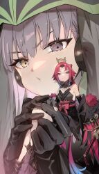 Rule 34 | 2girls, arm guards, benienma (fate), benienma alter (fate), bird hair ornament, black bodysuit, black dress, black gloves, blush, bodysuit, breasts, detached collar, detached sleeves, dress, elbow gloves, fate/grand order, fate (series), feather-trimmed sleeves, feather trim, giant, giantess, gimp suit, gloves, hair ornament, headdress, heterochromia, highres, kingprotea (fate), latex, latex bodysuit, long hair, looking at viewer, low ponytail, medium breasts, multiple girls, no-kan, obi, parted bangs, pout, purple eyes, purple hair, red eyes, red hair, sash, short dress, small breasts, smile, veil, very long hair, xochitonal (fate), yellow eyes
