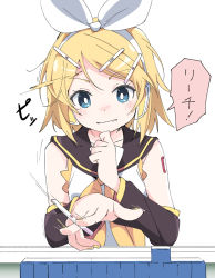 Rule 34 | 1girl, black sailor collar, blonde hair, blue eyes, blush, hair ornament, hairband, hairclip, holding tenbou, ixy, kagamine rin, looking at viewer, mahjong, mahjong table, mahjong tile, sailor collar, short hair, simple background, solo, table, tenbou, translated, upper body, vocaloid, white background, white hairband