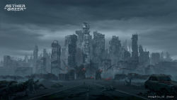 Rule 34 | absurdres, aether gazer, building, car, city, cityscape, cloud, cloudy sky, copyright name, damaged, debris, fire, highres, mecha, motor vehicle, outdoors, road, robot, ruins, scenery, sky, skyscraper, smoke, tree, z4 (546455792)