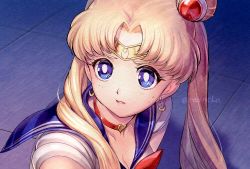 Rule 34 | 1girl, bishoujo senshi sailor moon, bishoujo senshi sailor moon s, blonde hair, blouse, blue eyes, blue sailor collar, bow, bowtie, breasts, choker, circlet, cleavage, collarbone, collared shirt, crescent, crescent earrings, derivative work, earrings, hair bun, hair intakes, hair over shoulder, heart, heart choker, jewelry, long hair, medium breasts, meme, parted lips, rasneko, red bow, red bowtie, red choker, sailor collar, sailor moon, sailor moon redraw challenge (meme), sailor senshi uniform, sailor shirt, shirt, single hair bun, sleeveless, sleeveless shirt, solo, twintails, upper body, very long hair, white shirt
