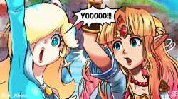 Rule 34 | 2girls, arms up, blonde hair, blue dress, blue eyes, breasts, crown, dress, earrings, elf, gem, hair over one eye, hand up, highres, jewelry, long hair, looking at viewer, mario (series), multiple girls, necklace, nintendo, open mouth, pink dress, pointy ears, princess zelda, rosalina, sidelocks, super mario galaxy, super smash bros., the legend of zelda, the legend of zelda: a link between worlds, tiara, triforce, upper body, water
