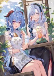 Rule 34 | 2girls, :d, absurdres, ahoge, architecture, bell, blue hair, blurry, chair, chinese clothes, commentary request, cup, depth of field, disposable cup, drinking straw, earrings, east asian architecture, eyes visible through hair, fork, ganyu (heytea) (genshin impact), genshin impact, goat horns, grey eyes, hair between eyes, hair ornament, hair over one eye, hairband, highres, holding, holding cup, holding fork, horns, jewelry, long bangs, long hair, looking at viewer, low ponytail, multiple girls, neck bell, official alternate costume, open mouth, outdoors, purple eyes, shanguier, shenhe (heytea) (genshin impact), short sleeves, sidelocks, sitting, slime (genshin impact), smile, table, white hair