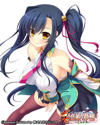 Rule 34 | 1girl, black hair, black thighhighs, breasts, brown eyes, copyright name, detached sleeves, kan&#039;u (koihime musou), koihime musou, large breasts, leaning forward, long hair, necktie, official art, pochadon, shirt, side ponytail, skirt, smile, solo, thighhighs, very long hair, white shirt