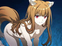 Rule 34 | 1girl, all fours, animal ears, breast press, brown hair, clenched teeth, collarbone, completely nude, feet out of frame, grass, holo, isse, long hair, looking at viewer, night, nude, on grass, outdoors, red eyes, solo, spice and wolf, tail, teeth, wolf ears, wolf girl, wolf tail