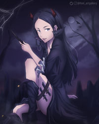 Rule 34 | 1girl, :d, bat (animal), black dress, black hair, brown eyes, dress, fael artgallery, full moon, highres, holding, holding wand, horns, jewelry, long hair, looking at viewer, moon, night, open mouth, outdoors, parted bangs, ring, sheyta (sao), sitting, smile, solo, straight hair, sword art online, thighs, twitter username, very long hair, wand, watermark