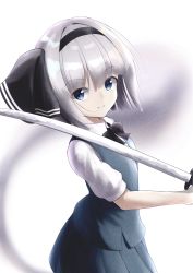 Rule 34 | 1girl, black bow, black bowtie, blue eyes, blunt bangs, bob cut, bow, bowtie, commentary request, cowboy shot, from side, green skirt, green vest, hair ribbon, highres, katana, konpaku youmu, konpaku youmu (ghost), looking at viewer, over shoulder, partial commentary, pleated skirt, resa 7z (resastr), ribbon, shirt, short hair, short sleeves, silver hair, simple background, skirt, smile, solo, standing, sword, sword over shoulder, touhou, vest, weapon, weapon over shoulder, white background, white shirt