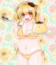 Rule 34 | 1girl, belly, beret, bikini, blonde hair, blush, breasts, cleavage, collarbone, cowboy shot, dot nose, floral background, food, hat, headphones, holding, holding plate, holding spoon, large breasts, nitroplus, open mouth, orange eyes, panda017, plate, plump, pompompurin, pudding, sanrio, short twintails, side-tie bikini bottom, solo, spoon, string bikini, super pochaco, swimsuit, thick thighs, thighs, twintails, underboob