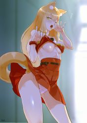 Rule 34 | absurdres, animal ear fluff, animal ears, ass, bare shoulders, blonde hair, breasts, clothes lift, fate/extra, fate/extra ccc, fate/extra ccc fox tail, fate (series), fellatio gesture, fox ears, fox tail, hair between eyes, highres, lifting own clothes, long hair, looking at viewer, mazarimon, one eye closed, panties, pink panties, scrunchie, skirt, skirt lift, solo, suzuka gozen (fate), tail, thighs, underwear, wrist scrunchie