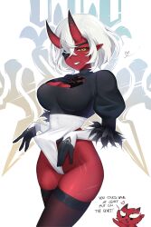 Rule 34 | 1girl, akumi (yoclesh), alternate hair length, alternate hairstyle, black gloves, breasts, brown thighhighs, cleavage cutout, clenched teeth, clothing cutout, colored skin, cosplay, english text, eyepatch, gloves, hair between eyes, heart, highres, horns, large breasts, looking at viewer, nier:automata, nier (series), oni, oni horns, pointy ears, puffy sleeves, red hair, red horns, red skin, short hair, smile, solo, teeth, thighhighs, thighs, virtual youtuber, vyugen, white hair, yellow eyes, yoclesh, 2b (nier:automata), 2b (nier:automata) (cosplay)