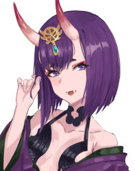 Rule 34 | 1girl, bare shoulders, breasts, collarbone, eyeliner, fangs, fate/grand order, fate (series), hair between eyes, hair ornament, twirling hair, horns, japanese clothes, jewelry, jonbur man, kimono, looking at viewer, makeup, medium hair, off shoulder, oni, purple eyes, purple hair, shuten douji (fate), simple background, skin-covered horns, small breasts, solo, white background, wide sleeves