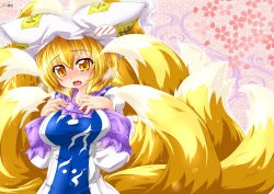 Rule 34 | 1girl, blonde hair, blush, breasts, dress, female focus, fox tail, hat, hat with ears, highres, kazami karasu, kitsune, kyuubi, large breasts, looking at viewer, multiple tails, open mouth, solo, tabard, tail, tears, touhou, white dress, yakumo ran, yellow eyes